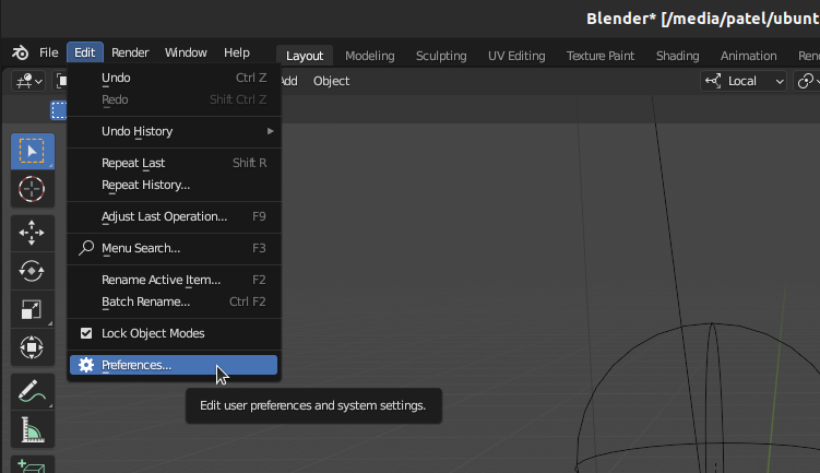 Blender Preferences Menu